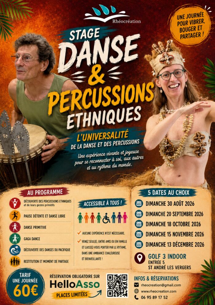 Affiche stage danses & percussions ethniques ©Rhéocréation