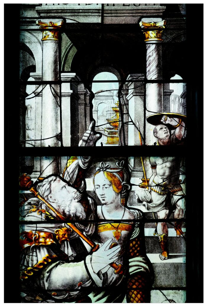 Conférence des Amis des Musées d’Art et d’Histoire de Troyes « La peinture sur verre en Champagne du nord »_La Chapelle-Saint-Luc Crédit : Verrière de la vision d'Auguste (Châlons, Église Saint-Alpin) - La Vallée, Étienne de (actif en 1535), verrier