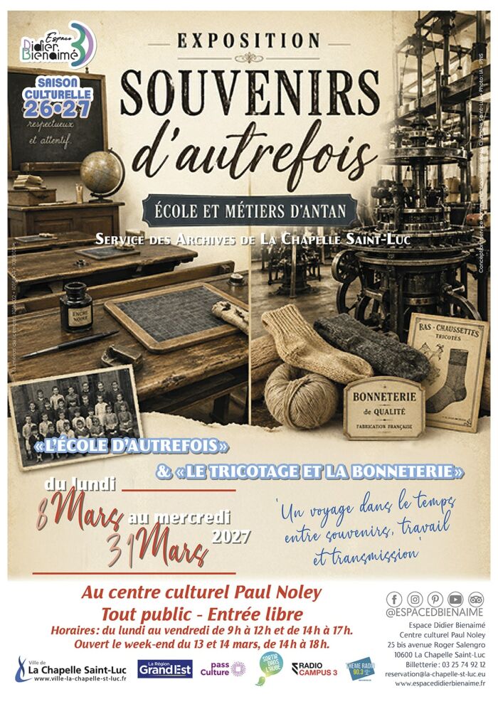 Exposition « Souvenirs d’autrefois : école et métiers d’antan »_La Chapelle-Saint-Luc Conception : service communication - Ville de la Chapelle St Luc / Photo : IA