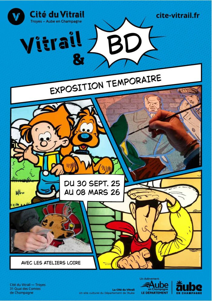 Vitrail & BD_Troyes Création affiche : © Cité du Vitrail -  Audrey Champion / Photo : Franquin © Dupuis, 2025