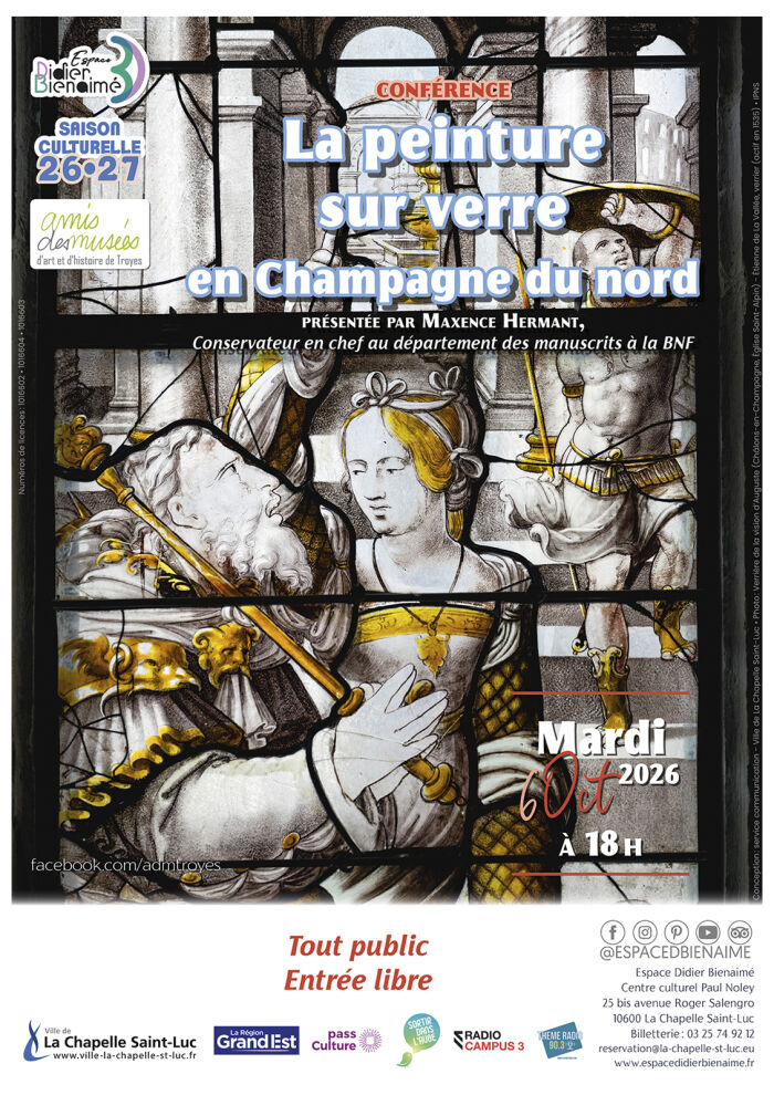 Conférence des Amis des Musées d’Art et d’Histoire de Troyes « La peinture sur verre en Champagne du nord »_La Chapelle-Saint-Luc Conception : service communication - Ville de la Chapelle St Luc / Photo : Verrière de la vision d'Auguste (Châlons, Église Saint-Alpin) - La Vallée, Étienne de (actif en 1535), verrier
