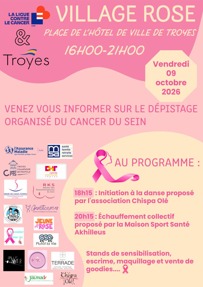 affiche village rose Ligue contre le cancer & Ville de Troyes