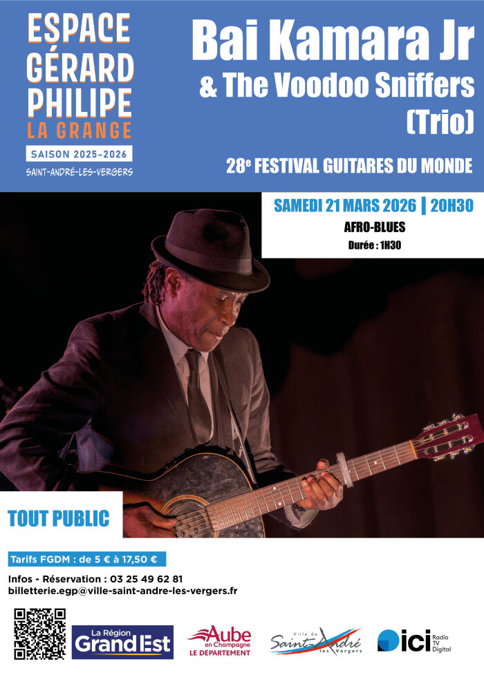 Affiche Bai Kamara Jr & The Voodoo Sniffers(Trio) Service communication Ville de St André les Vergers - ©Hugues Rollin
